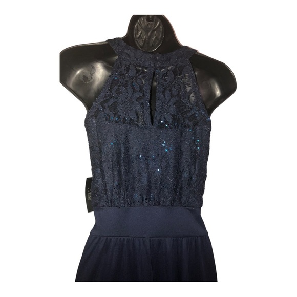 Dark blue sequin halter sheer chiffon faux wrap maxi evening dress gown size 10 - Picture 11 of 15